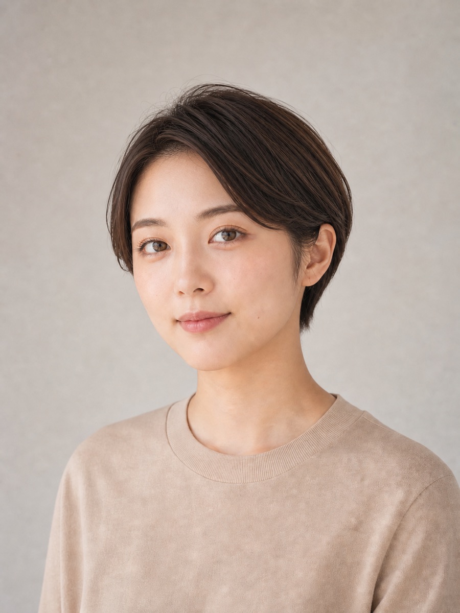 前髪なしの髪型「コンパクトショート」の正面AI生成イメージ(架空人物)