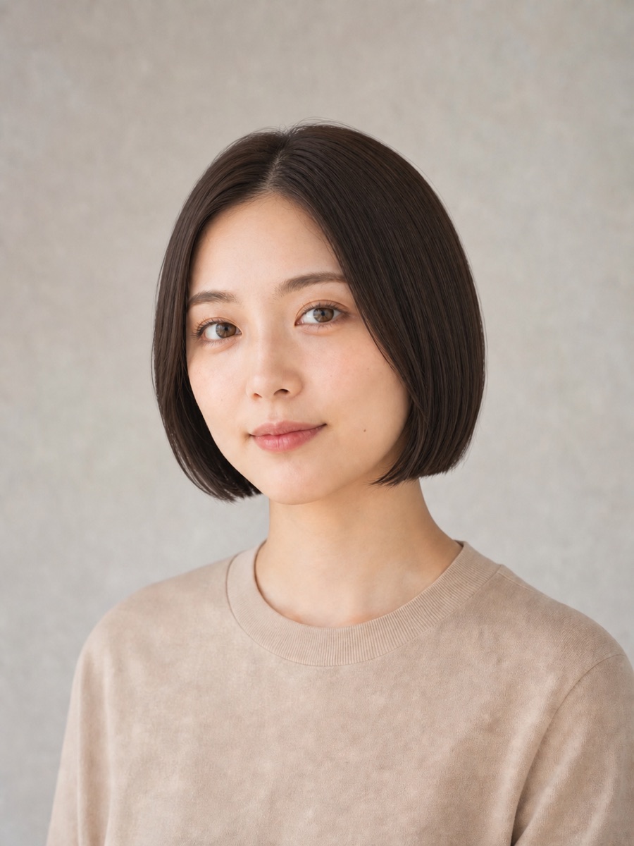 前髪なし（センターパート）のミニボブの女性の正面AI生成イメージ（架空人物）