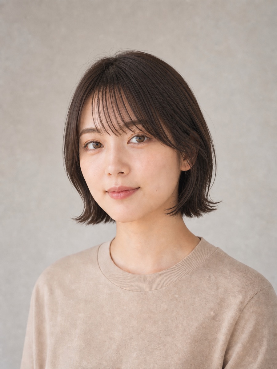 ぱっつん・重め前髪の髪型「外ハネ切りっぱなしボブ」の正面AI生成イメージ（架空人物）