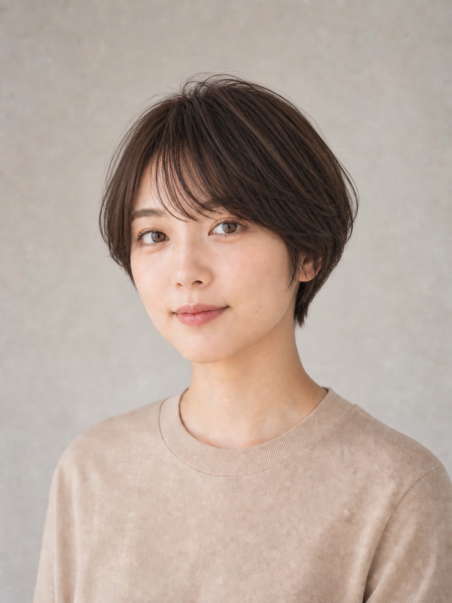 ぱっつん・重め前髪の髪型「エアリーマッシュショート」の正面AI生成イメージ（架空人物）