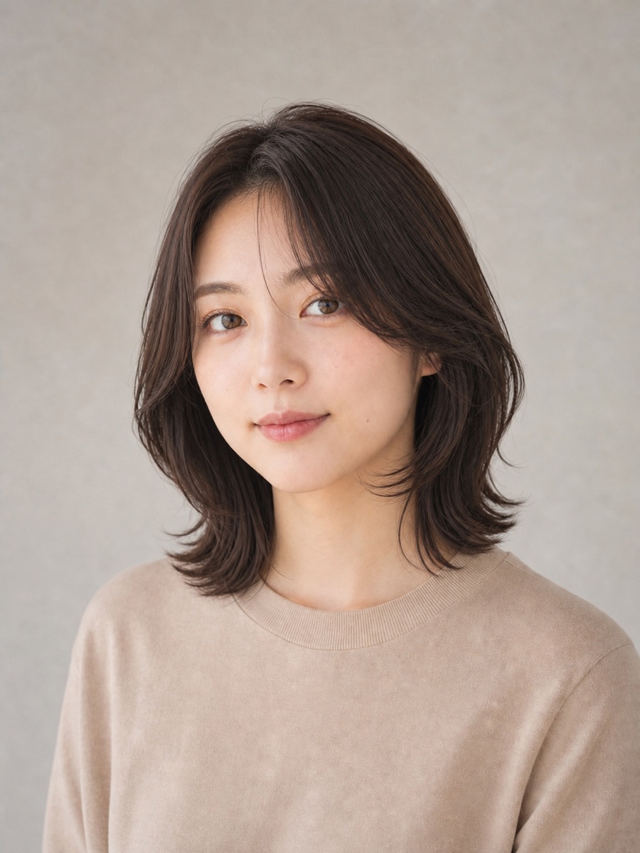 長め前髪・カーテンバングの髪型「韓国風フェイスレイヤー」の正面AI生成イメージ(架空人物)