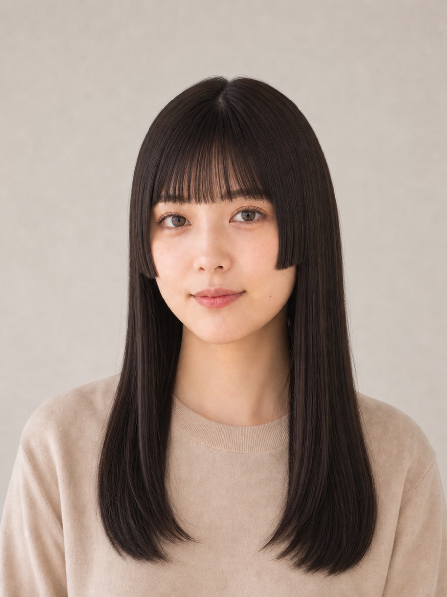 ぱっつん・重め前髪の髪型「姫カット黒髪ロング」の正面AI生成イメージ（架空人物）