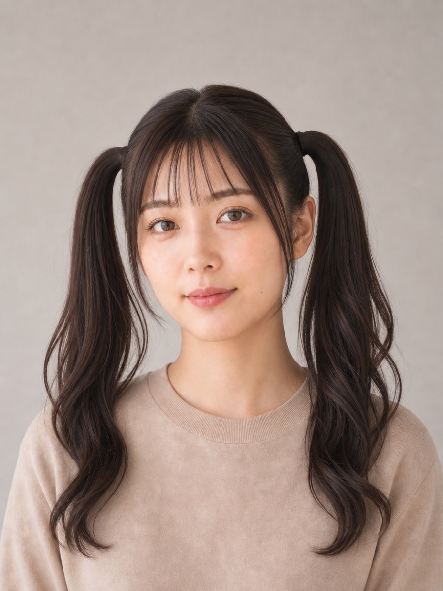 シースルーバングの髪型「高めツインテール」の正面AI生成イメージ（架空人物）