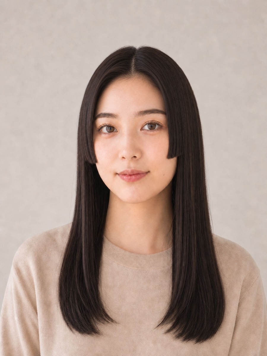 前髪なしの髪型「前髪なし姫カット」の正面AI生成イメージ(架空人物)