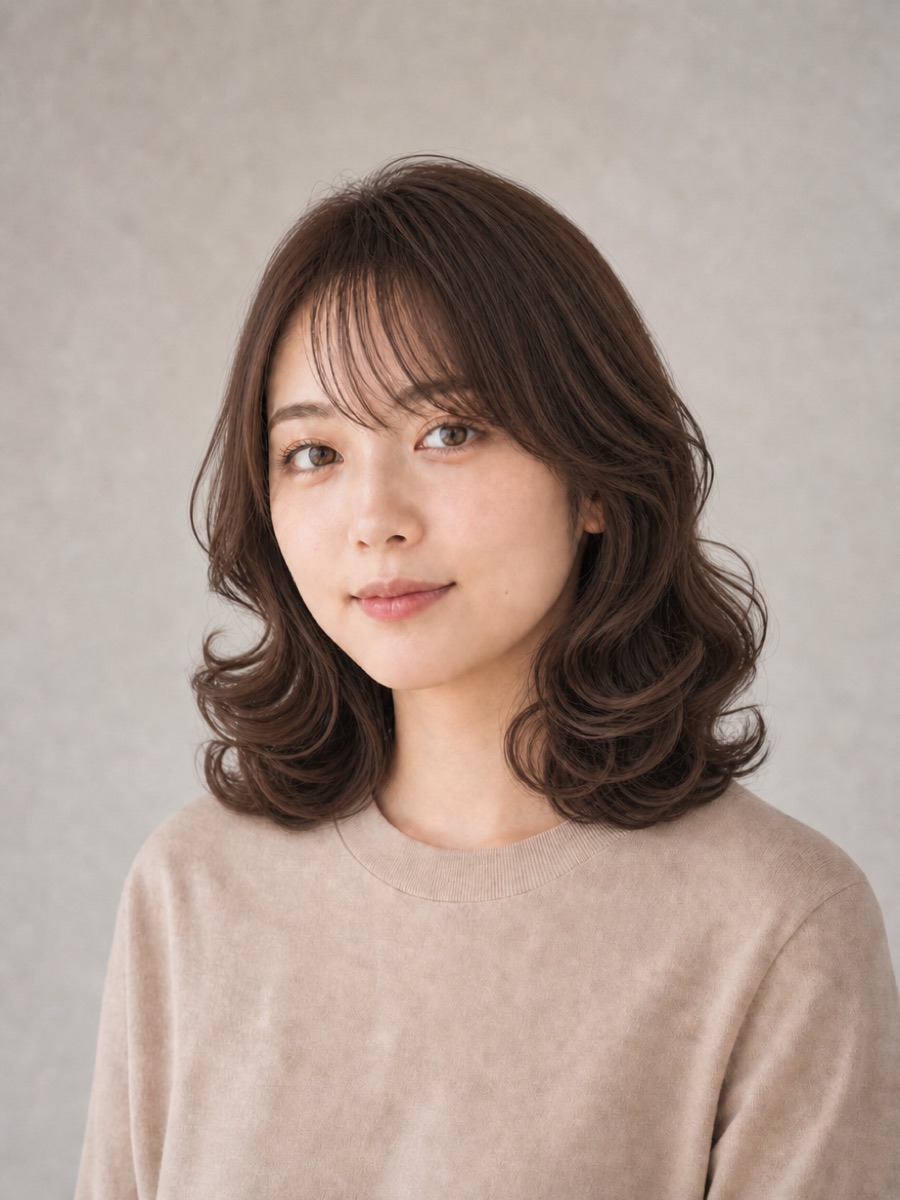 シースルーバングの髪型「ゆるふわパーマミディアム」の正面AI生成イメージ（架空人物）