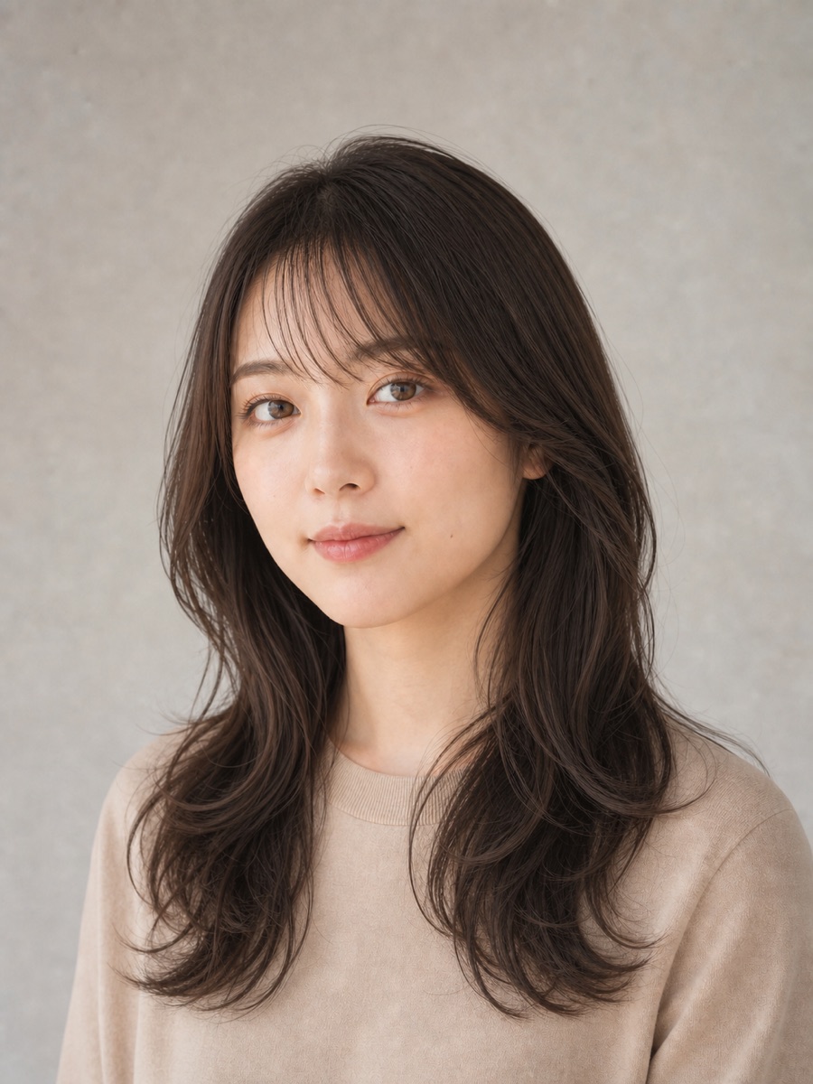 前髪あり（シースルーバング）のロングヘアの女性の正面AI生成イメージ（架空人物）