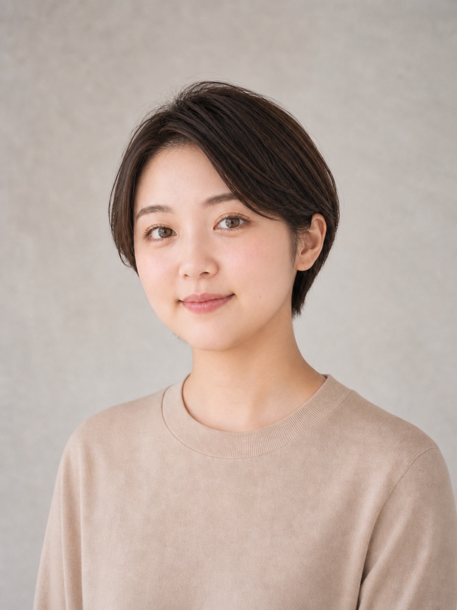 10代・丸顔のAIモデルによるコンパクトショートの正面イメージ（架空人物）