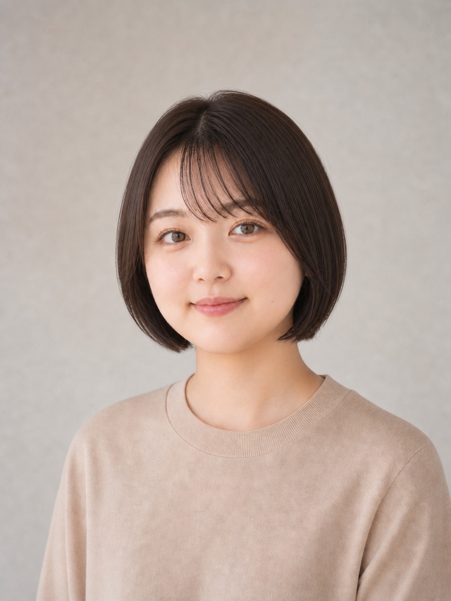 10代・丸顔のAIモデルによるワンレンミニボブの正面イメージ（架空人物）