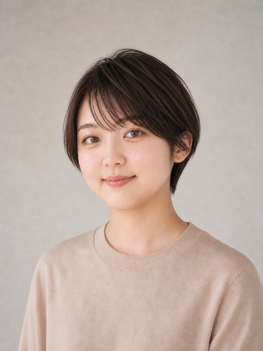 10代・丸顔のAIモデルによるハンサムショートの正面イメージ(架空人物)