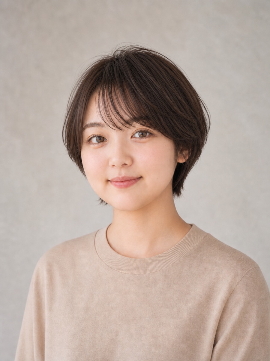 10代・丸顔のAIモデルによるエアリーマッシュショートの正面イメージ(架空人物)
