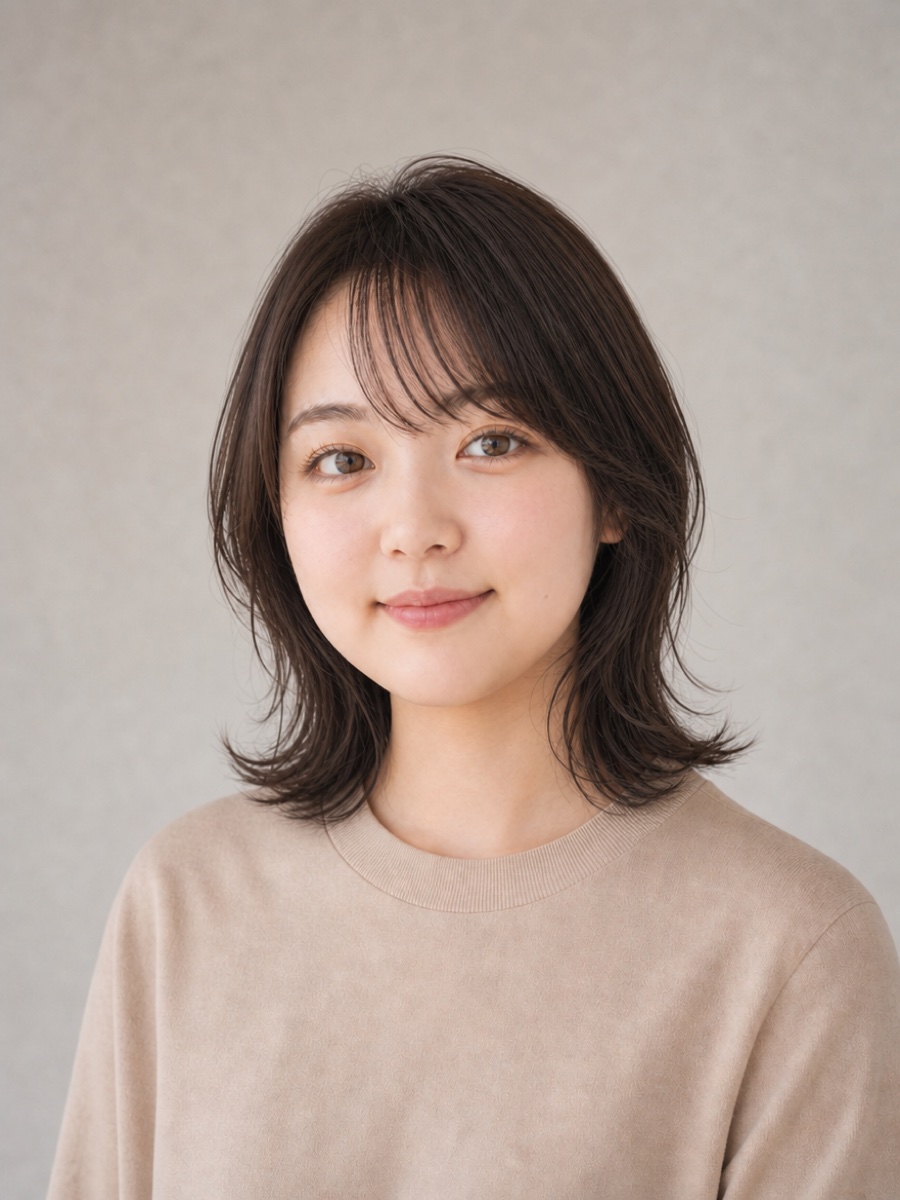 10代・丸顔のAIモデルによるナチュラルウェーブミディの正面イメージ(架空人物)