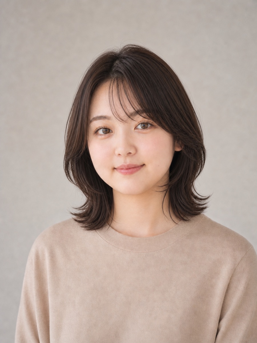 10代・丸顔のAIモデルによる韓国風フェイスレイヤーの正面イメージ（架空人物）