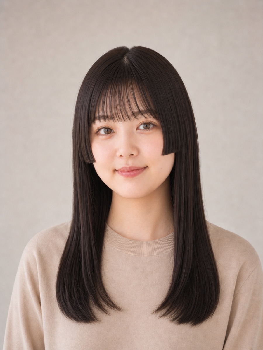 丸顔のAIモデルによる姫カット黒髪ロングの正面イメージ（架空人物）