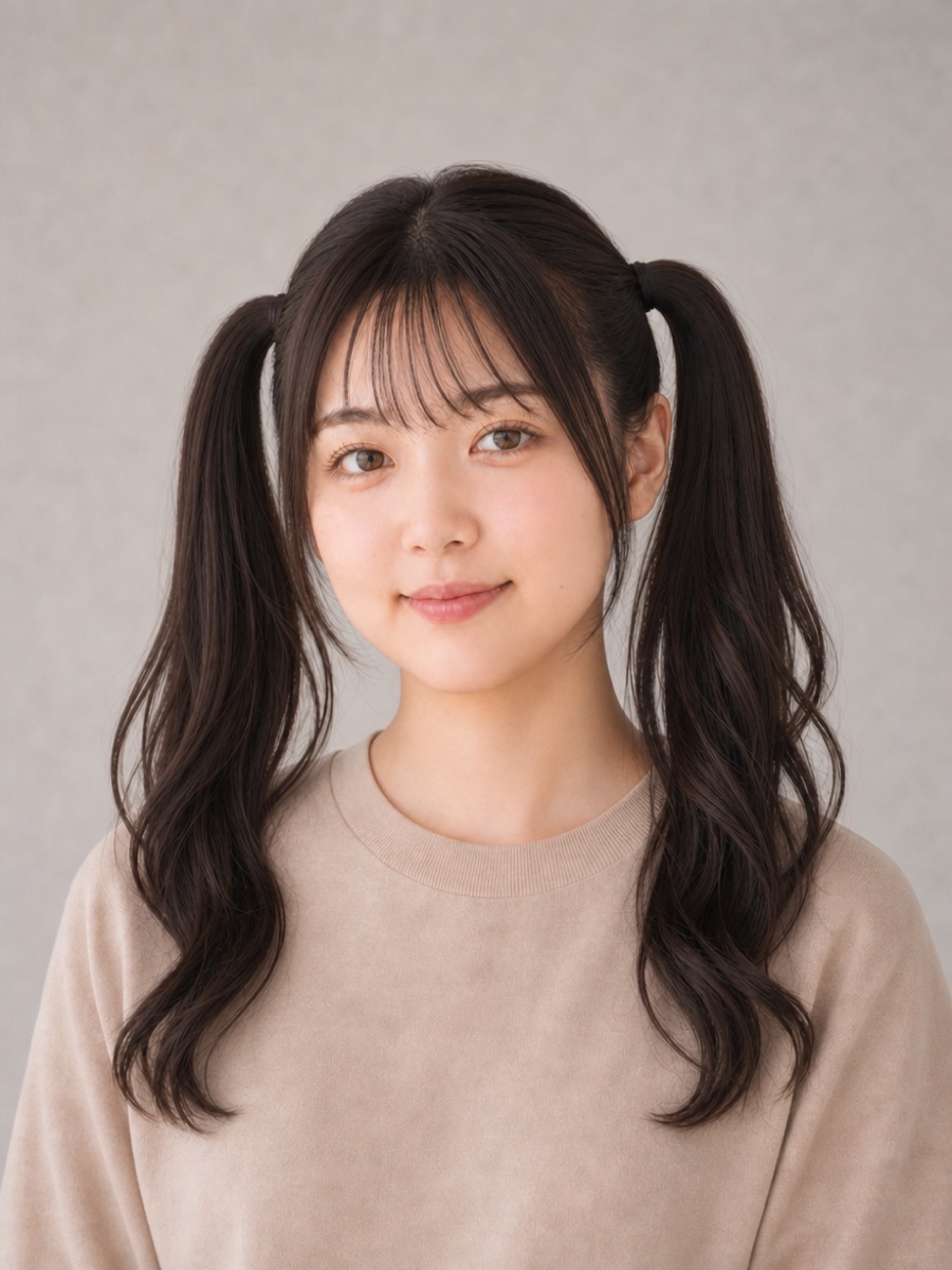 10代・丸顔のAIモデルによる高めツインテールの正面イメージ(架空人物)