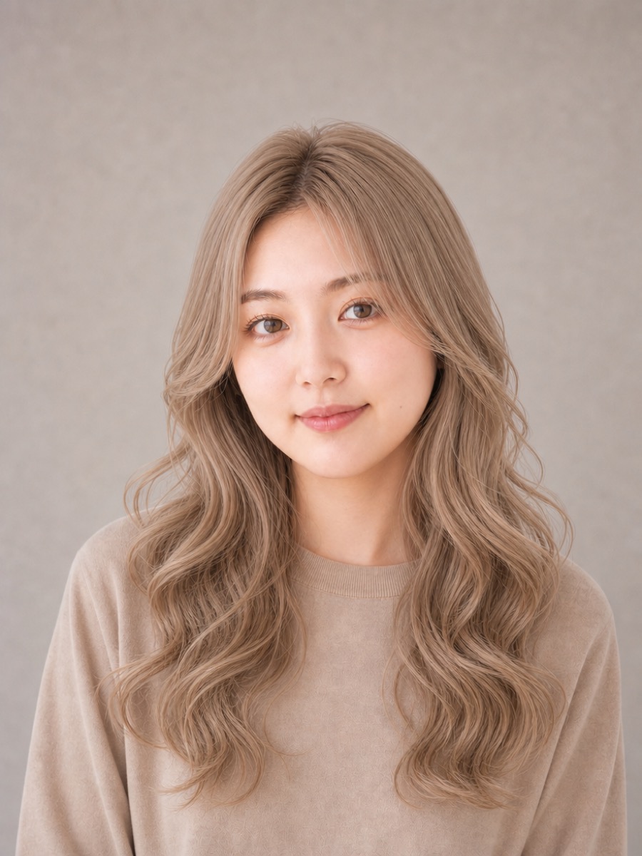10代・丸顔のAIモデルによるハイトーンレイヤーロングの正面イメージ(架空人物)