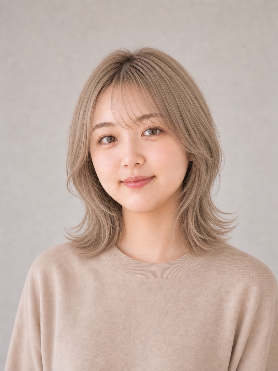 10代・丸顔のAIモデルによるハイトーンくびれウルフの正面イメージ(架空人物)