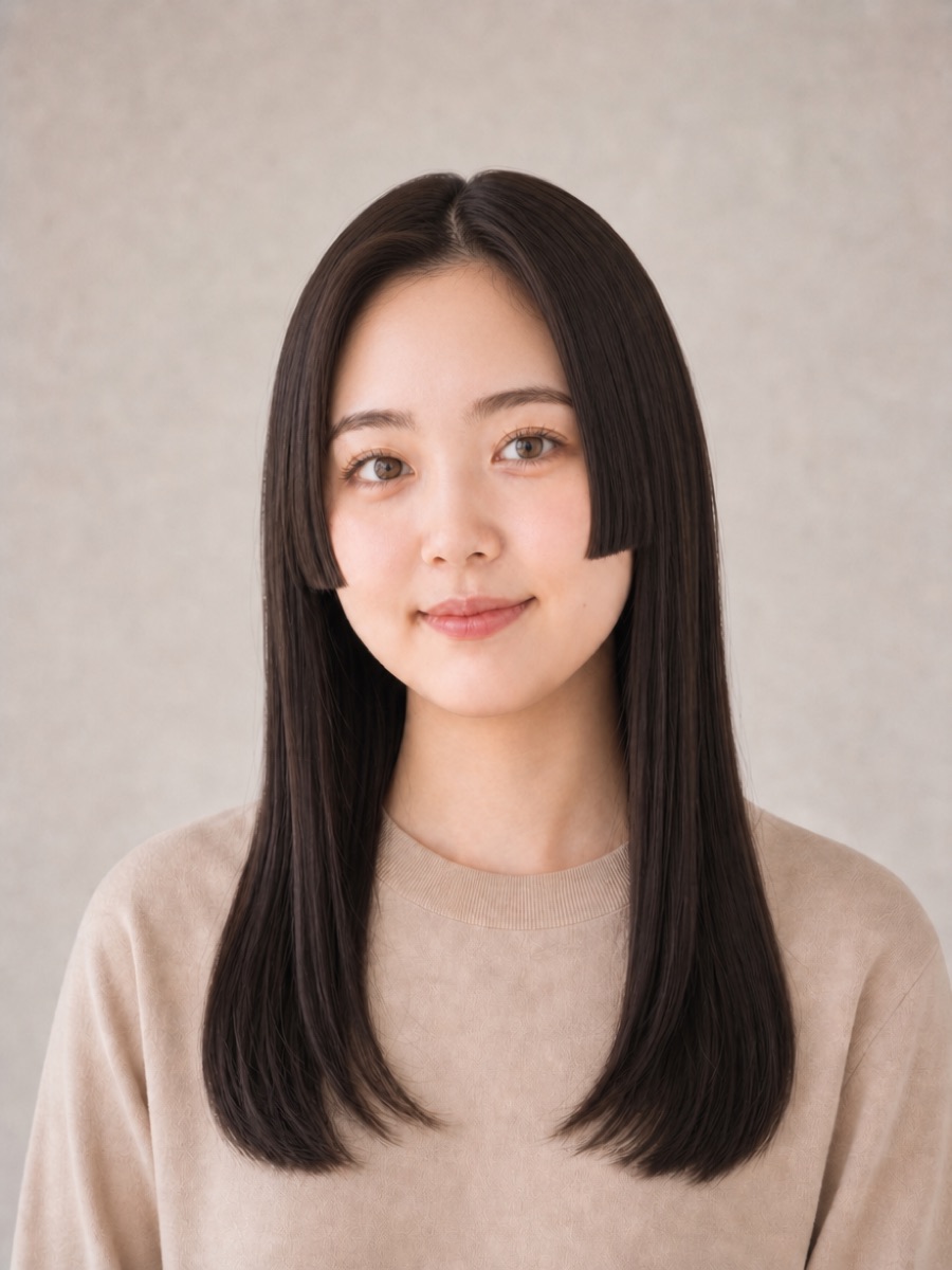 10代・丸顔のAIモデルによる前髪なし姫カットの正面イメージ(架空人物)