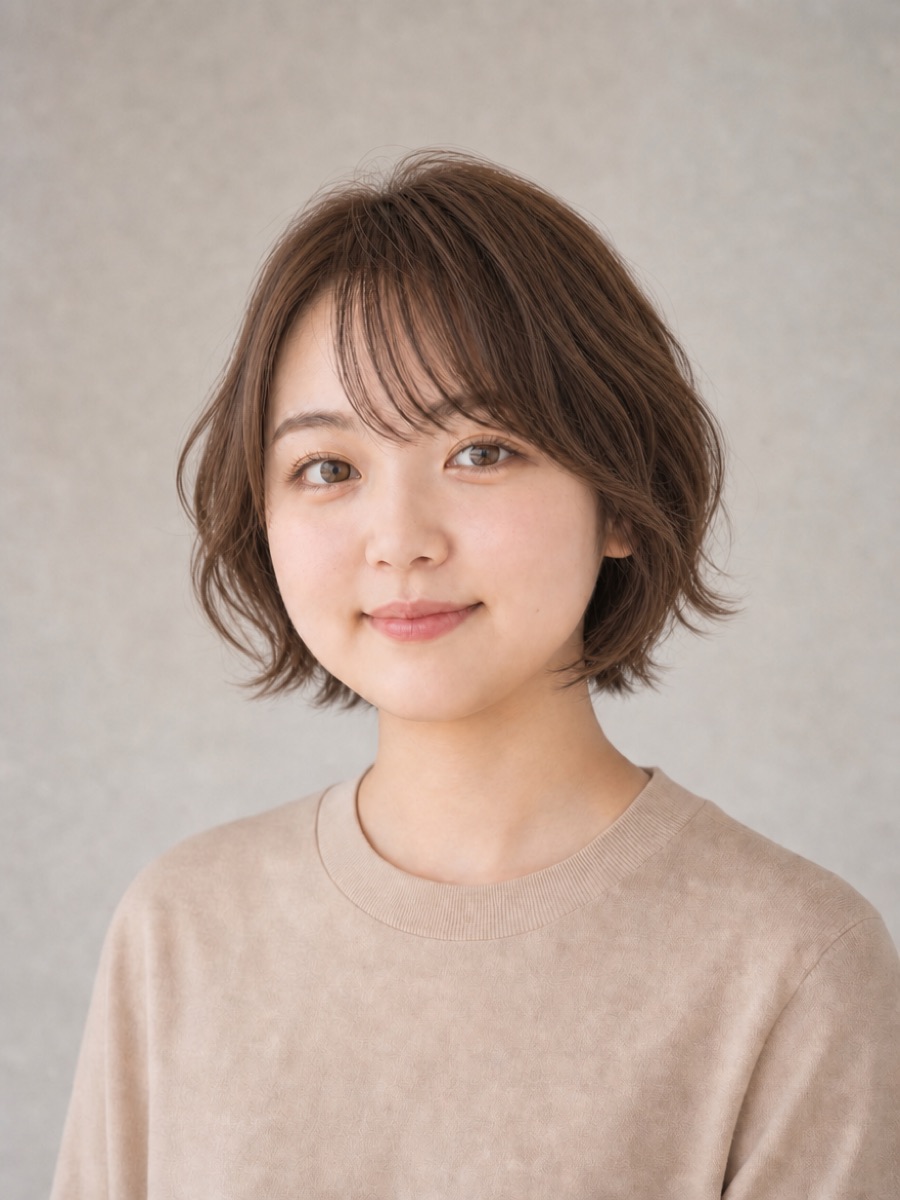10代・丸顔のAIモデルによるゆるふわボブの正面イメージ(架空人物)