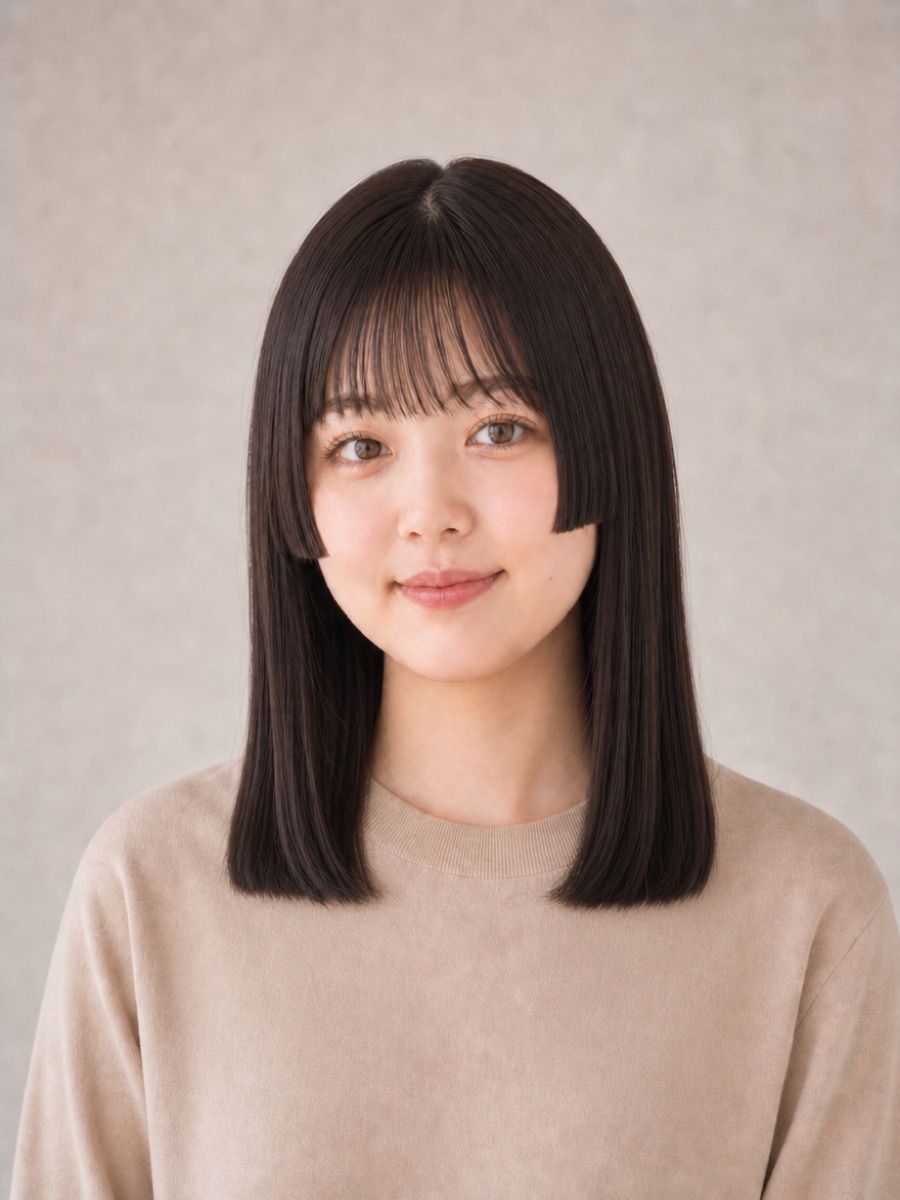 10代・丸顔のAIモデルによる姫カットミディアムの正面イメージ（架空人物）