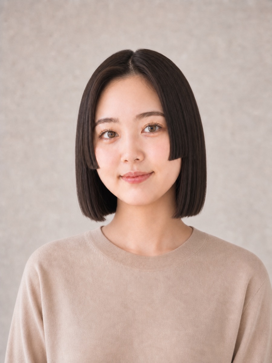 10代・丸顔のAIモデルによる姫カットボブの正面イメージ（架空人物）