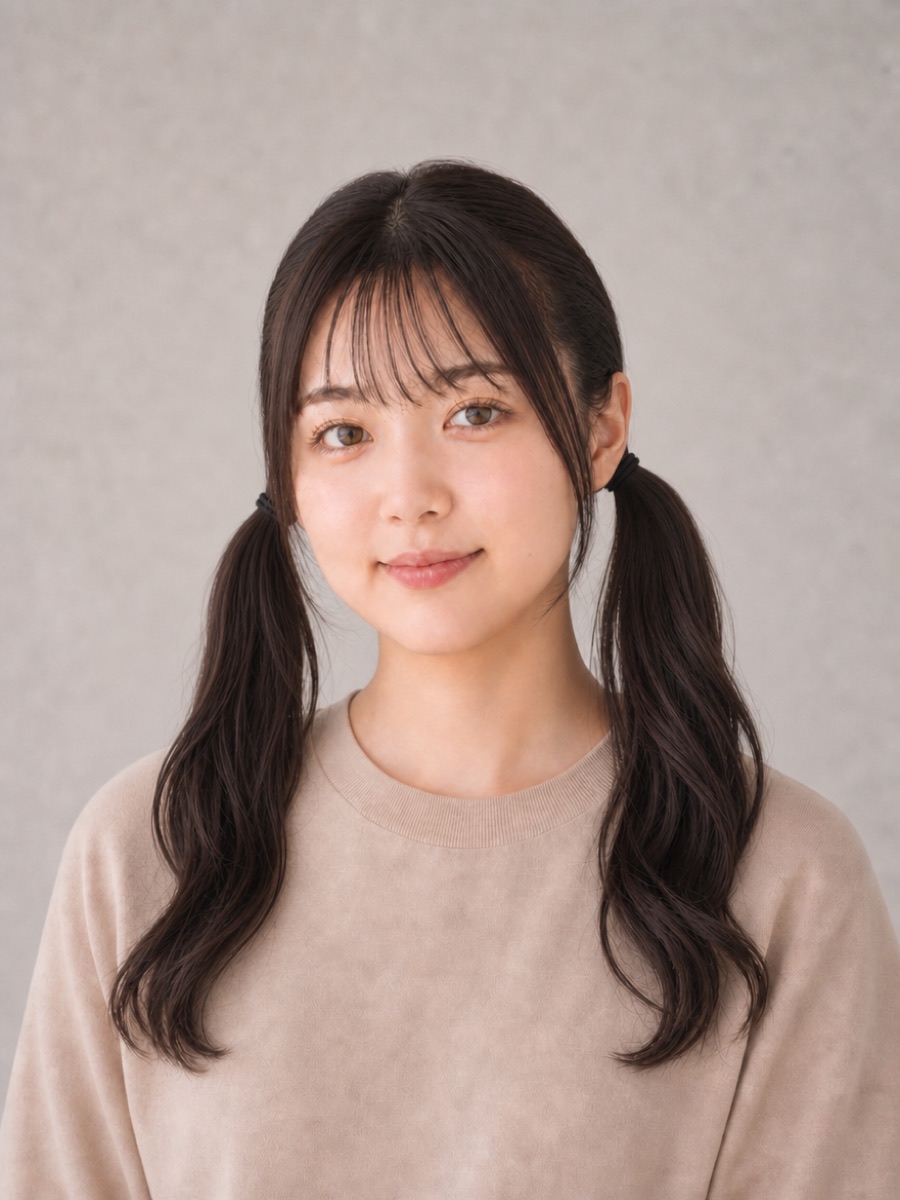 10代・丸顔のAIモデルによるミドルツインテールの正面イメージ（架空人物）