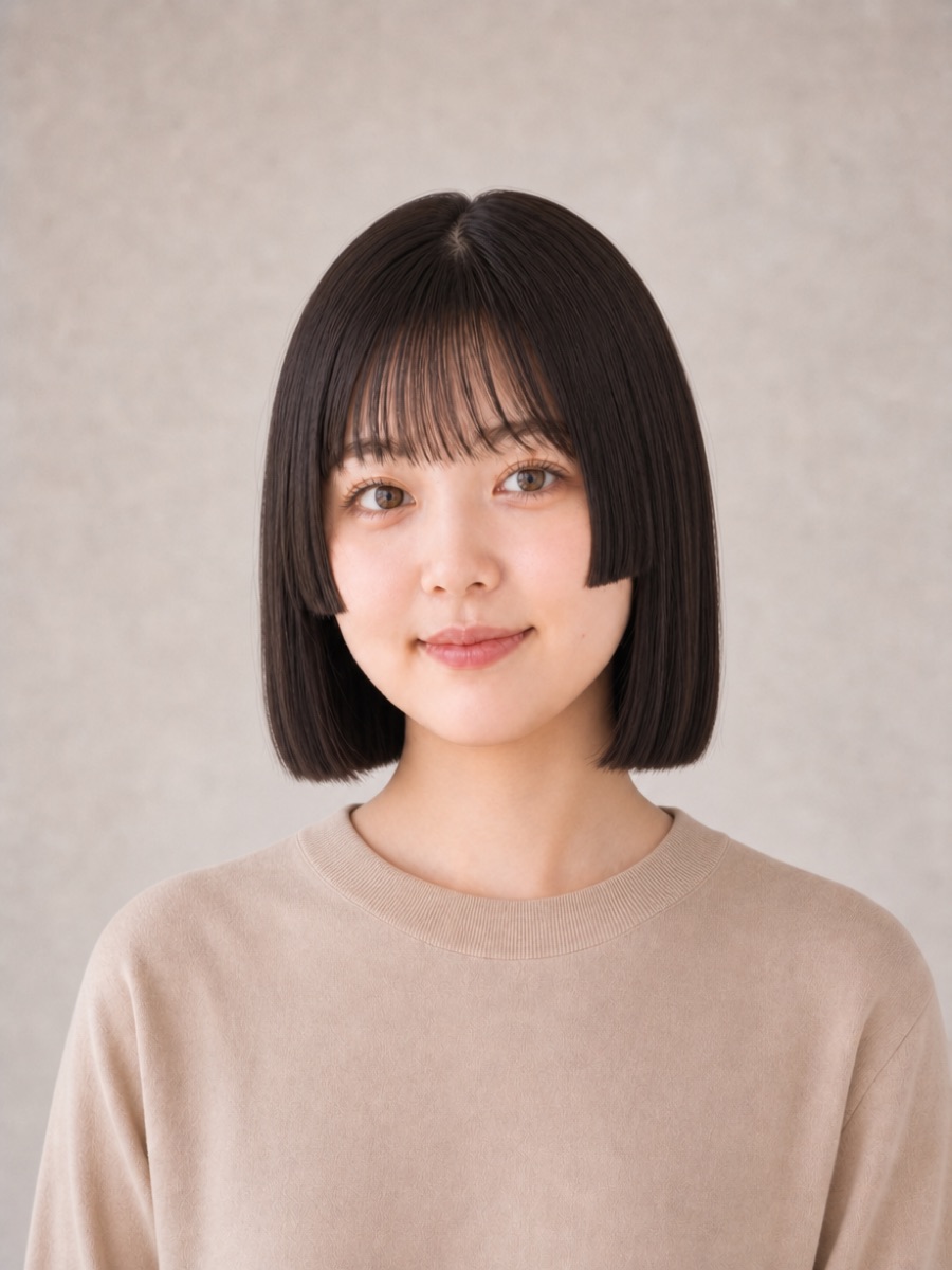 10代・丸顔のAIモデルによる姫カットぱっつんボブの正面イメージ（架空人物）