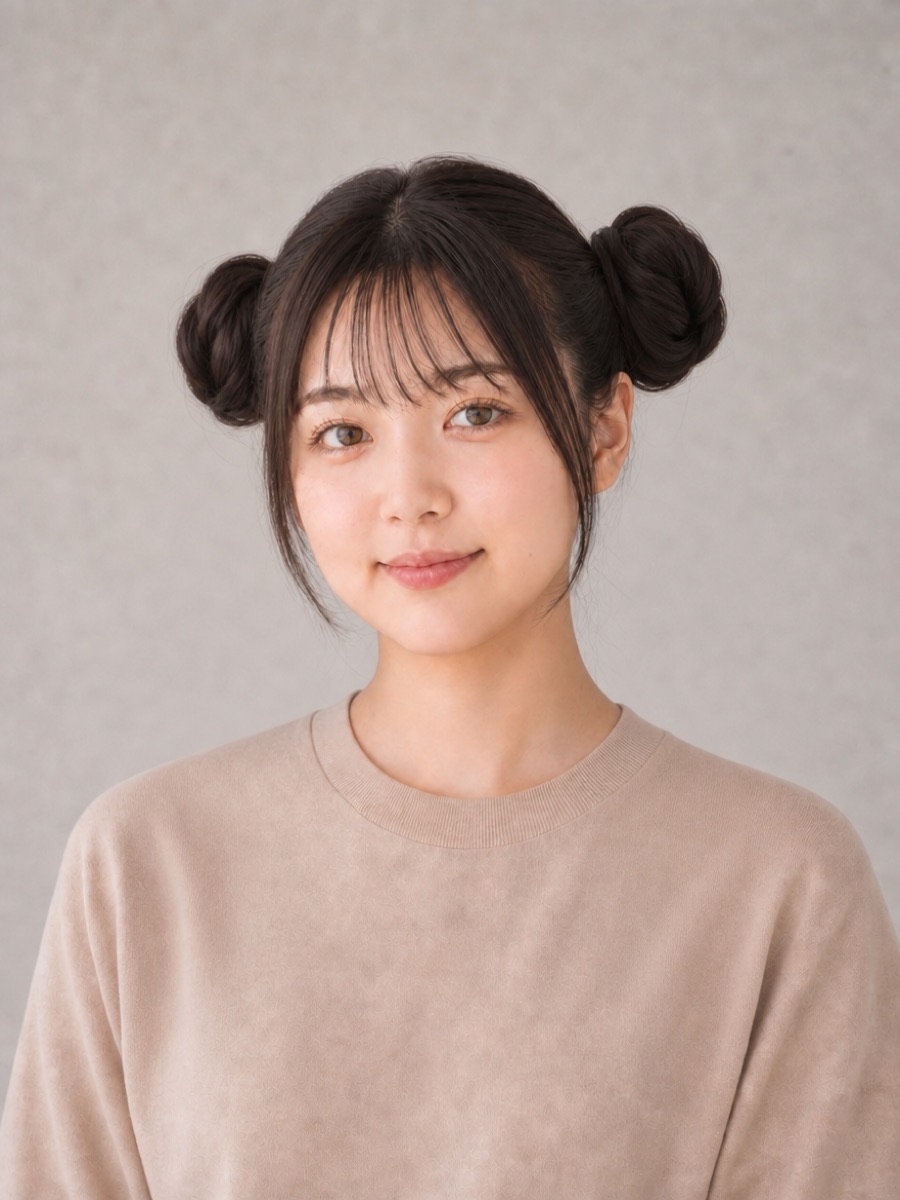 10代・丸顔のAIモデルによるツインお団子の正面イメージ(架空人物)