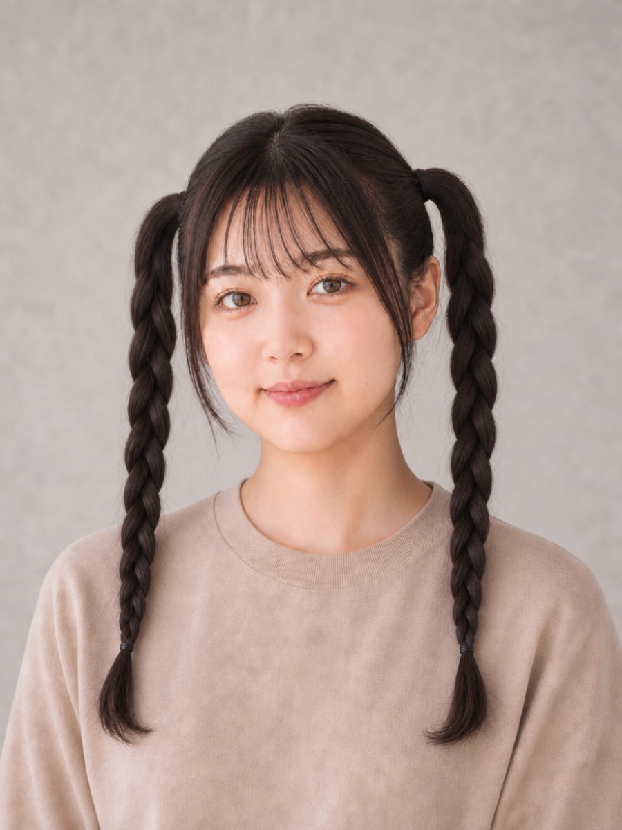 10代・丸顔のAIモデルによる三つ編みツインの正面イメージ（架空人物）