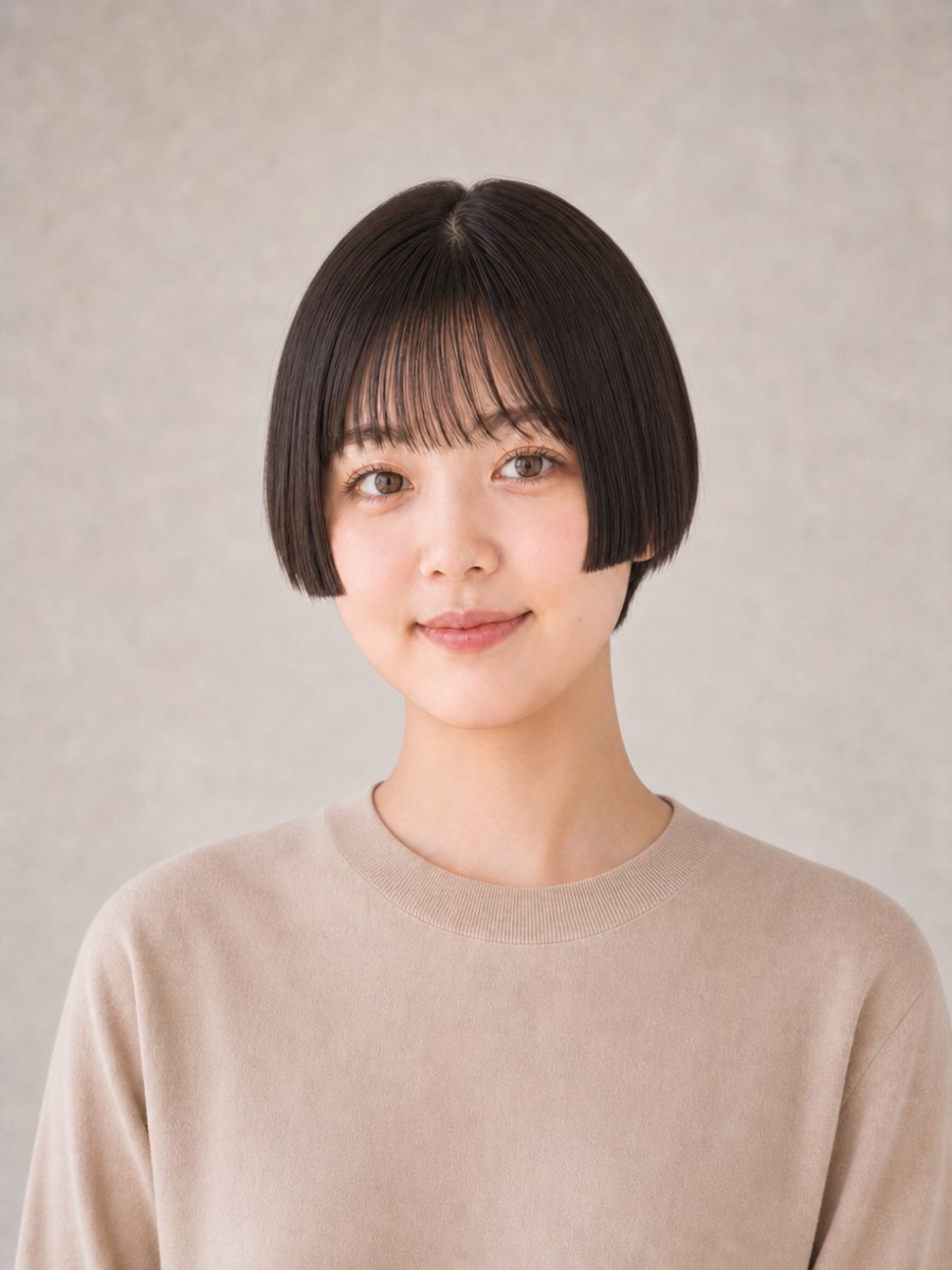 10代・丸顔のAIモデルによる姫カットショートの正面イメージ（架空人物）