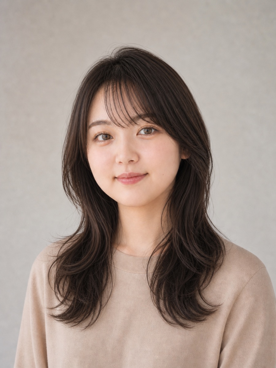 10代・丸顔のAIモデルによるシースルーバングロングの正面イメージ(架空人物)
