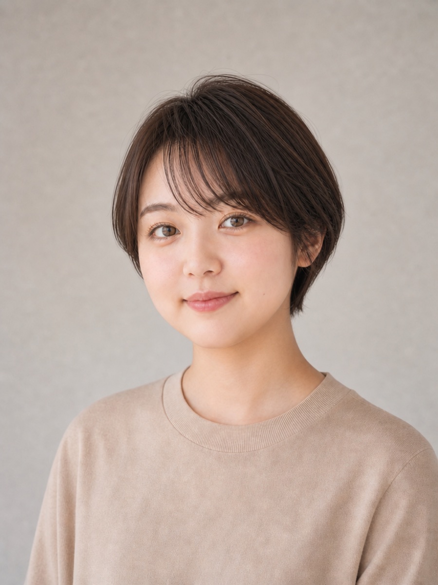 10代・丸顔のAIモデルによる丸みショートボブの正面イメージ(架空人物)