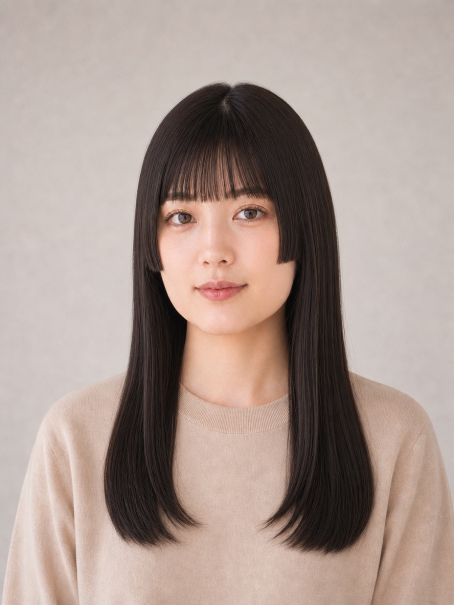 ベース型のAIモデルによる姫カット黒髪ロングの正面イメージ（架空人物）