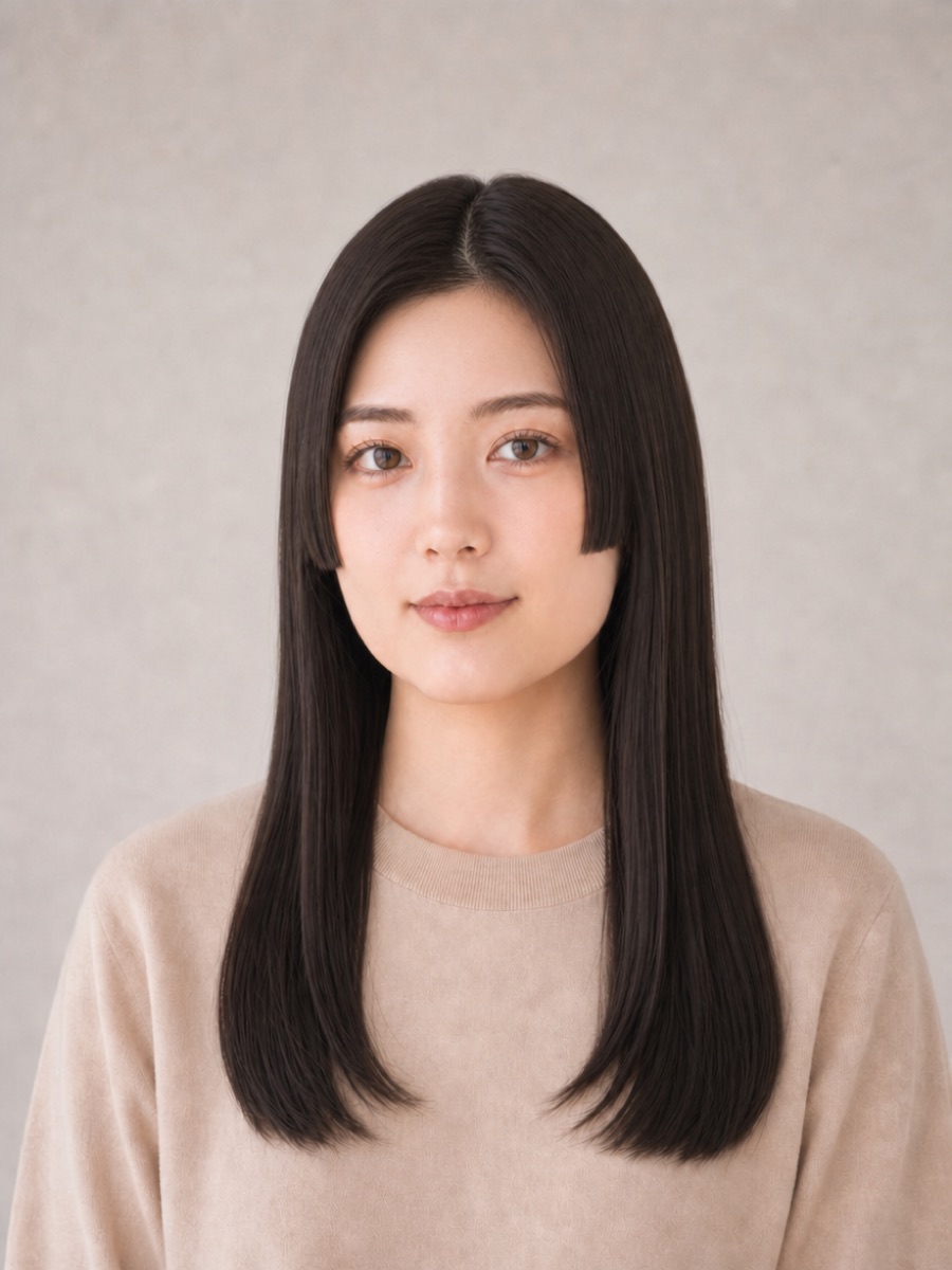 20代・ベース型のAIモデルによる前髪なし姫カットの正面イメージ(架空人物)