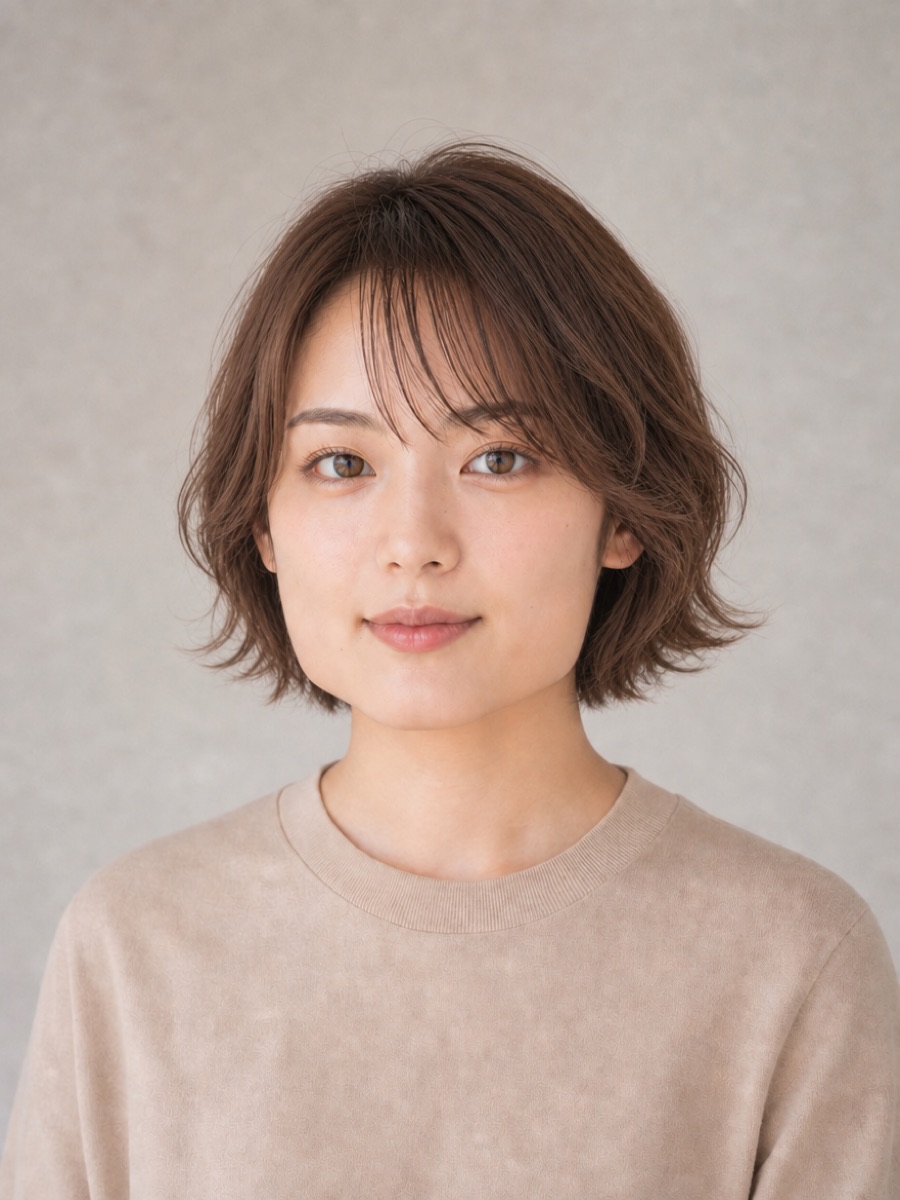 20代・ベース型のAIモデルによるゆるふわボブの正面イメージ(架空人物)