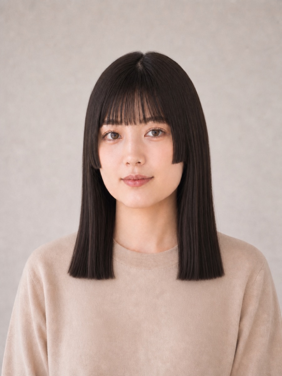 20代・ベース型のAIモデルによる姫カットミディアムの正面イメージ（架空人物）