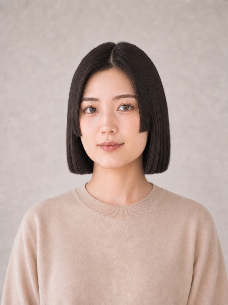 20代・ベース型のAIモデルによる姫カットボブの正面イメージ（架空人物）