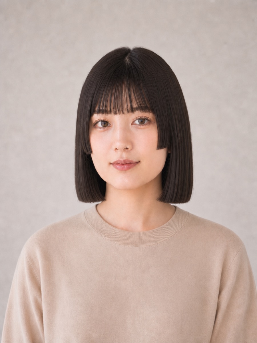 20代・ベース型のAIモデルによる姫カットぱっつんボブの正面イメージ（架空人物）
