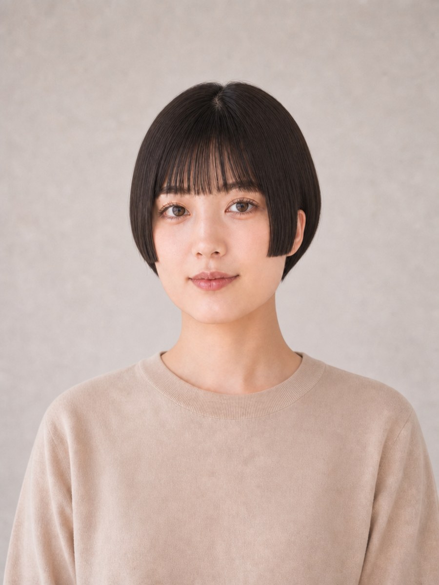 20代・ベース型のAIモデルによる姫カットショートの正面イメージ（架空人物）