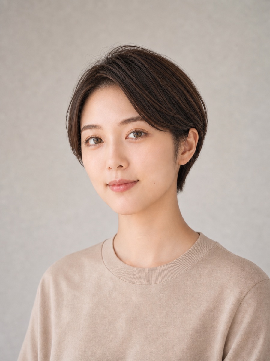 20代・面長のAIモデルによるコンパクトショートの正面イメージ（架空人物）