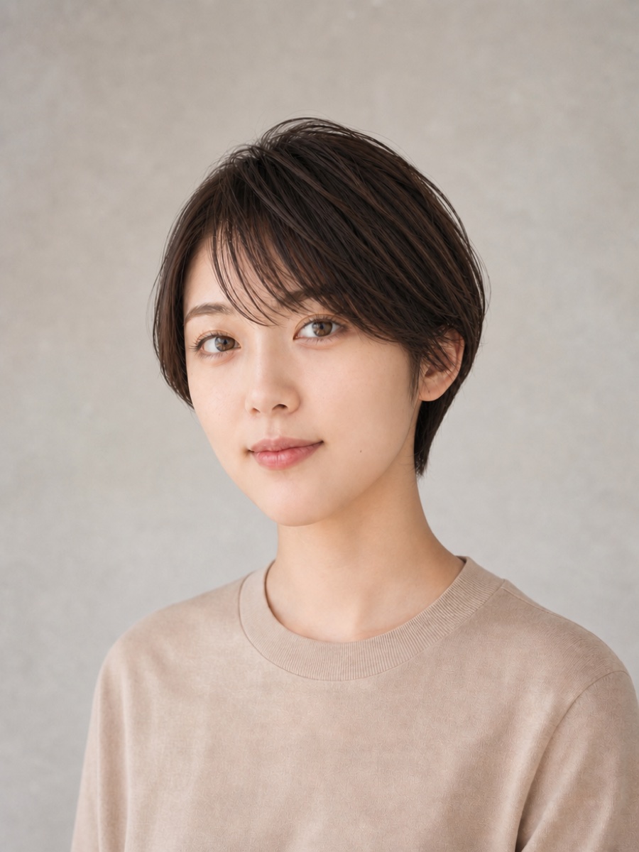 20代・面長のAIモデルによるハンサムショートの正面イメージ(架空人物)