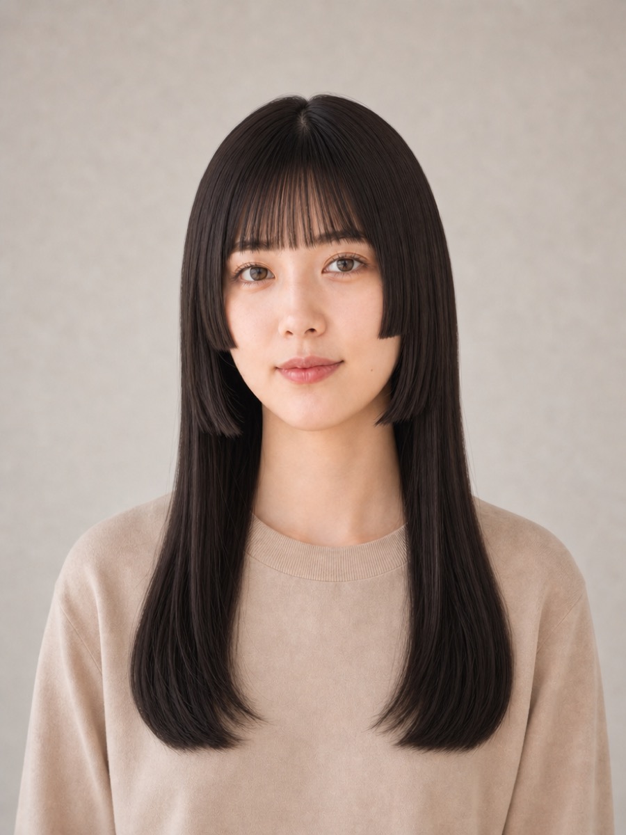 面長のAIモデルによる姫カット黒髪ロングの正面イメージ（架空人物）