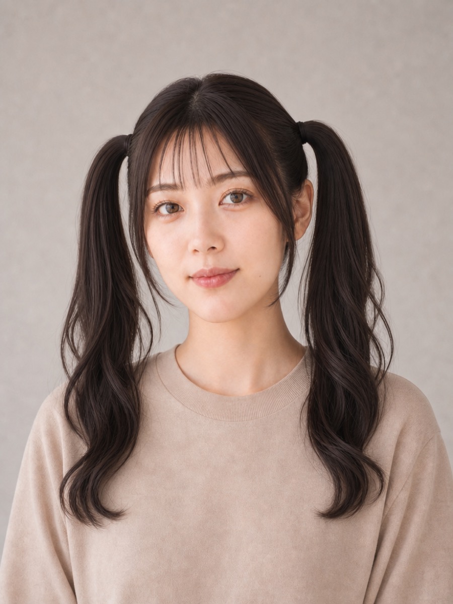20代・面長のAIモデルによる高めツインテールの正面イメージ(架空人物)
