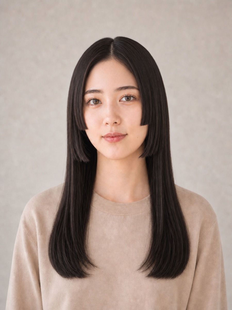 20代・面長のAIモデルによる前髪なし姫カットの正面イメージ(架空人物)