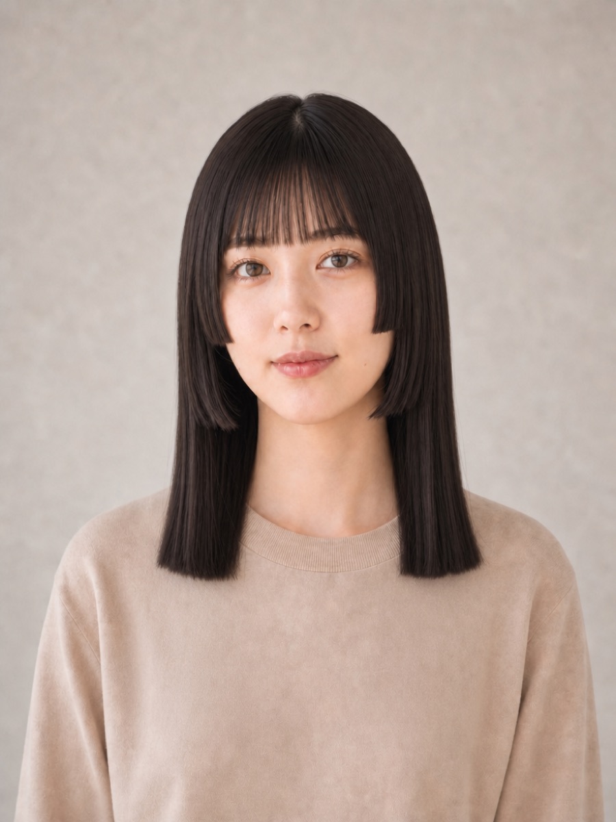 20代・面長のAIモデルによる姫カットミディアムの正面イメージ（架空人物）