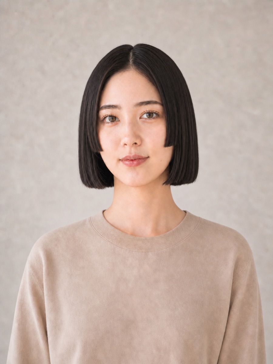 20代・面長のAIモデルによる姫カットボブの正面イメージ（架空人物）