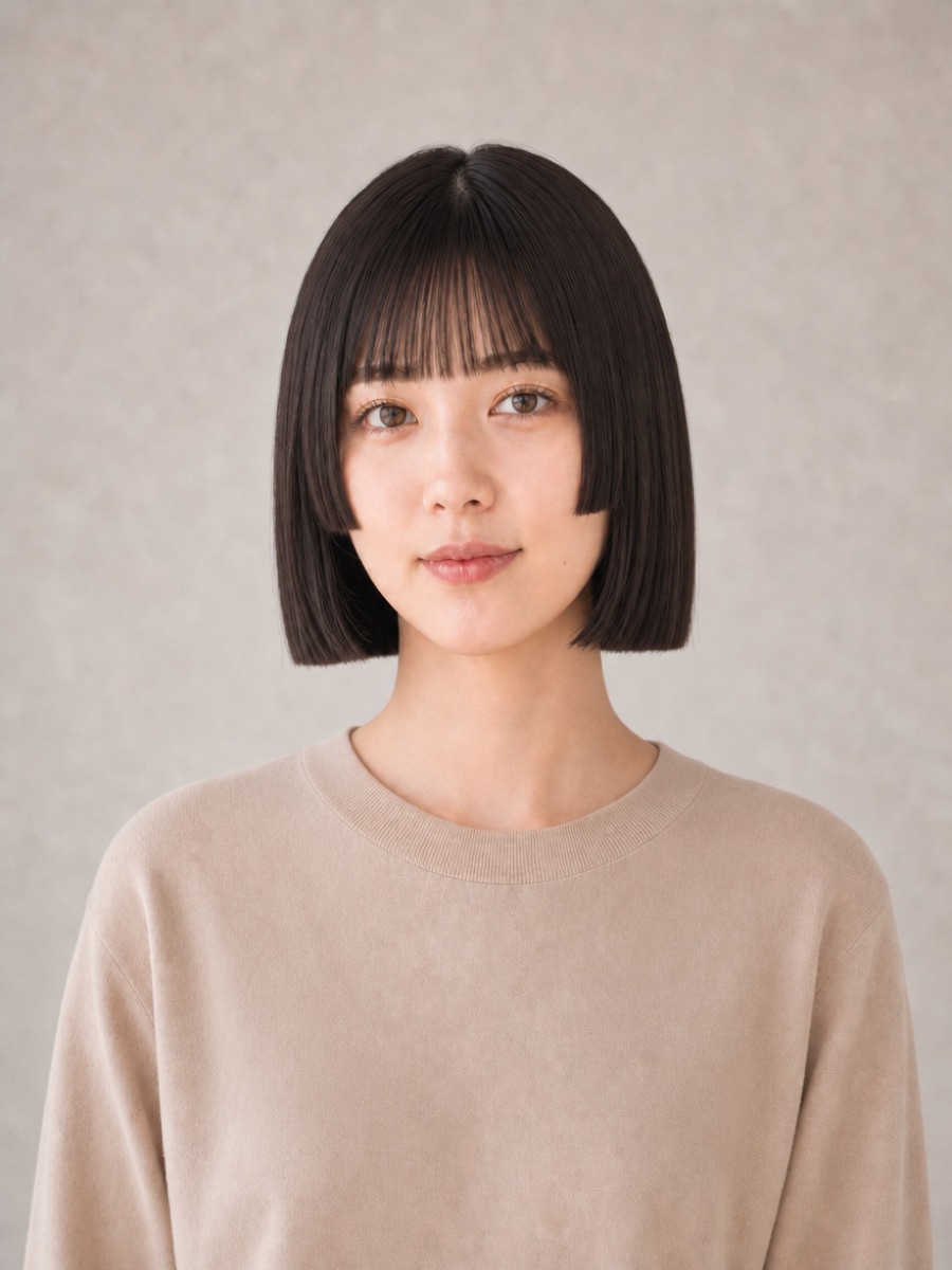 20代・面長のAIモデルによる姫カットぱっつんボブの正面イメージ（架空人物）