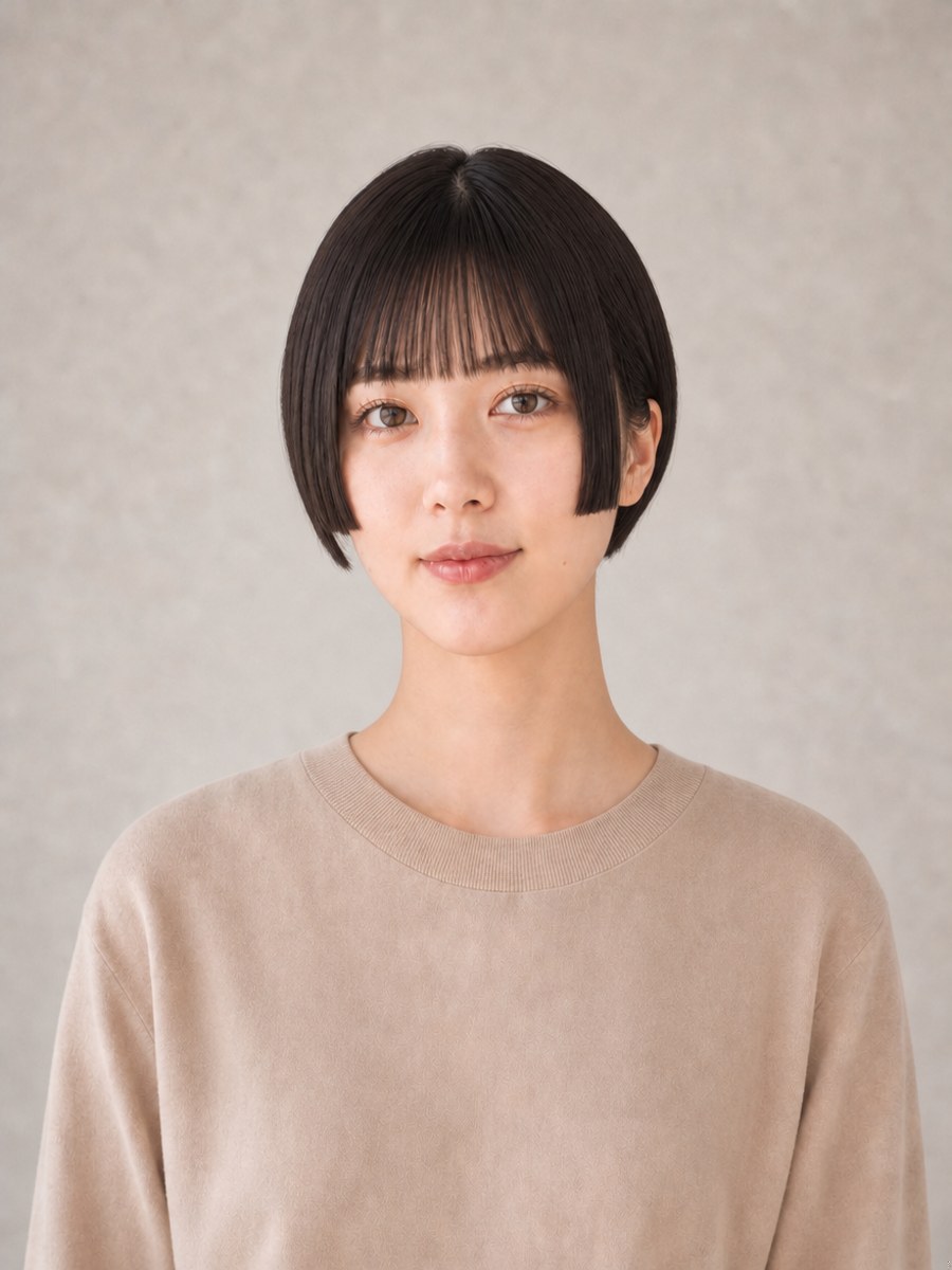 20代・面長のAIモデルによる姫カットショートの正面イメージ（架空人物）