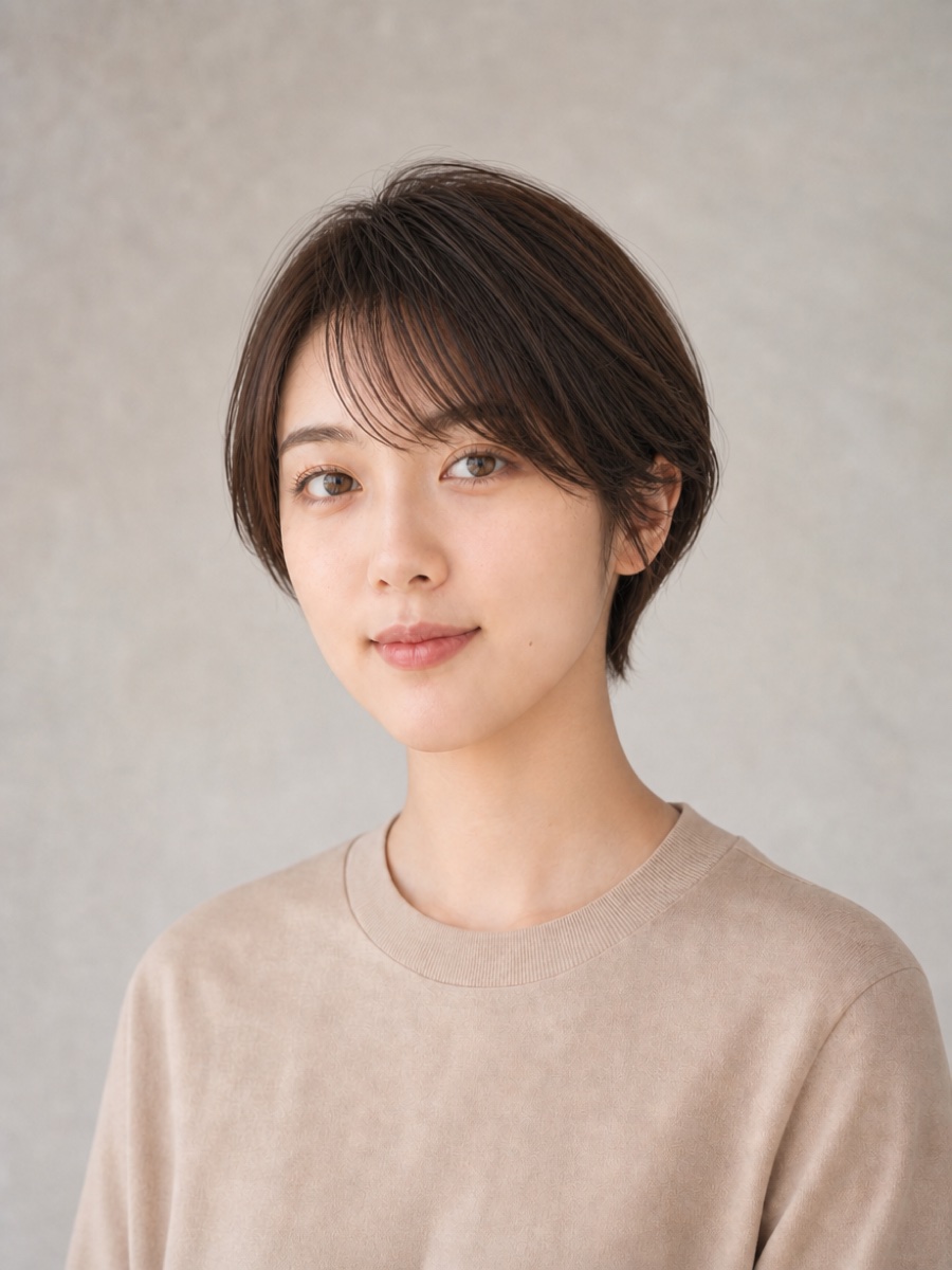 20代・面長のAIモデルによる丸みショートボブの正面イメージ(架空人物)