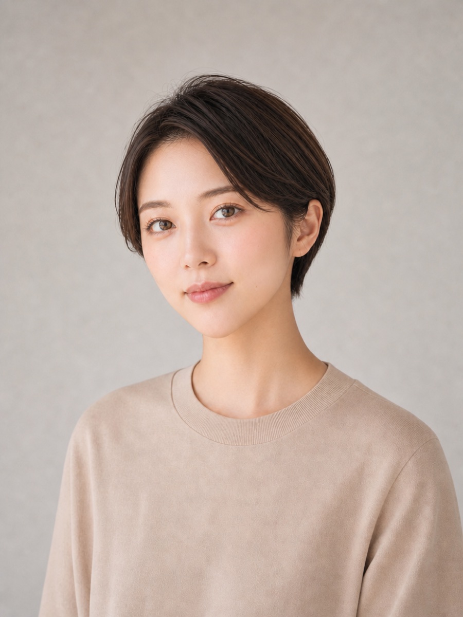 20代・逆三角形のAIモデルによるコンパクトショートの正面イメージ（架空人物）