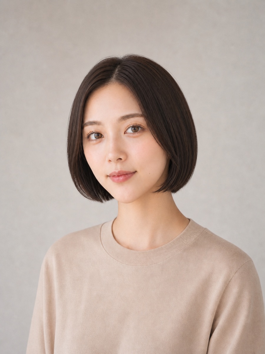 20代・逆三角形のAIモデルによるワンレンミニボブの正面イメージ（架空人物）